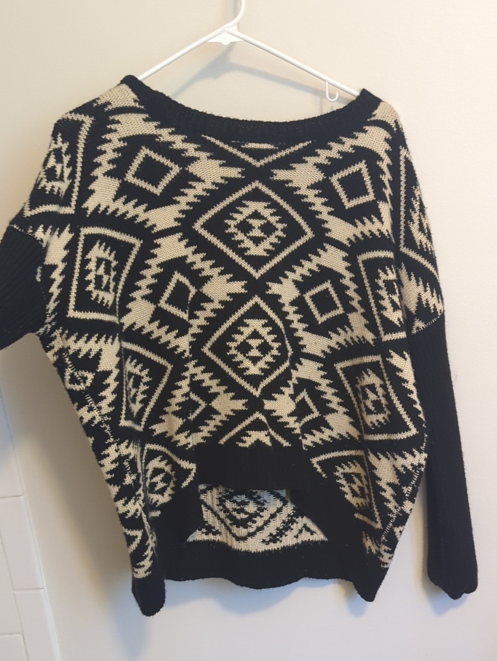 Black and Cream Geometric Knit Crewneck Sweater